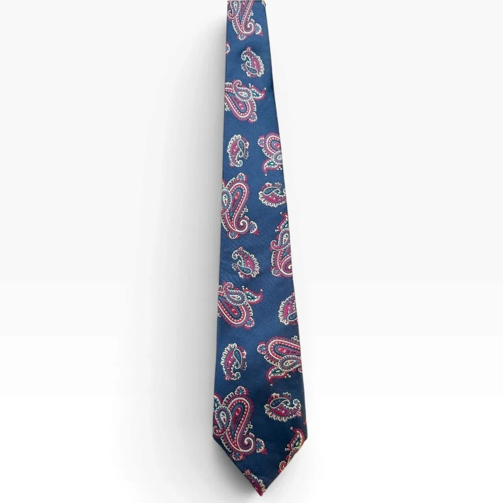 Christian Dior Mens Paisley Silk Tie Navy Blue Red Woven Italy Made USA 57 Inch
